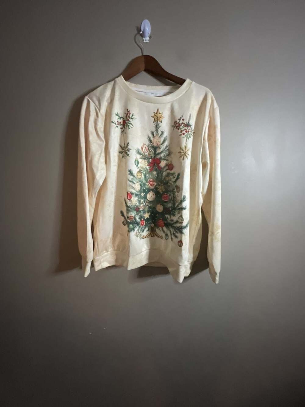 Unbranded Women's Beige Long Sleeve Christmas Tree Print Crewneck Sweatshirt